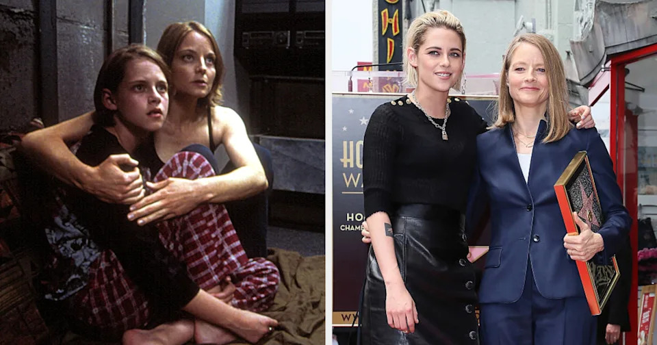 Two images side by side: left, two people in a tense scene; right, two people posing happily, one in a black outfit, the other in a dark suit holding an award
