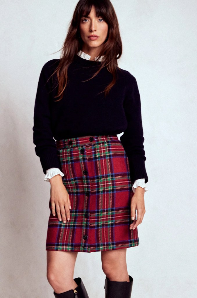 model in tartan wool skirt