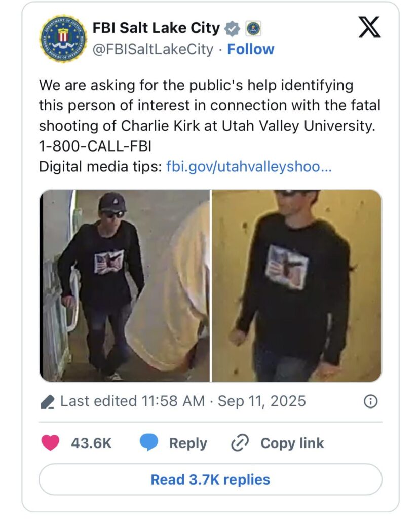 FBI releases photo of Charlie Kirk’s shooter suspect