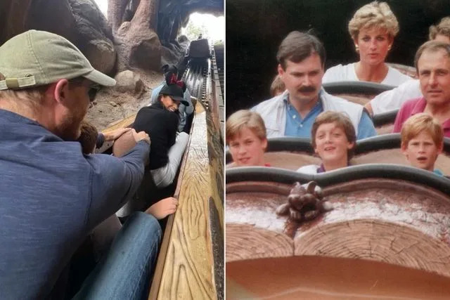 Meghan Markle/Instagram; Mike Forster/Daily Mail/Shutterstock Prince Harry with family at Disney in 2025 (left) and 1993 (right)