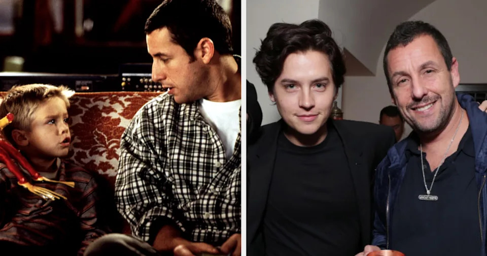 Two images side-by-side: On the left, a film scene with two men in casual clothes. On the right, two men at an event, one in a suit, smiling for a photo