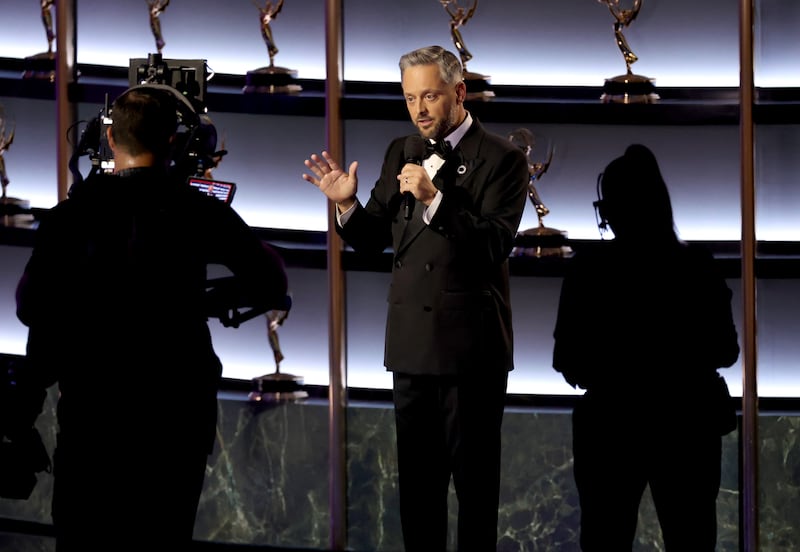 Host Nate Bargatze speaks onstage during the 77th Primetime Emmy Awards at Peacock Theater on September 14, 2025 in Los Angeles, California.  (Photo by Kevin Winter/Getty Images)