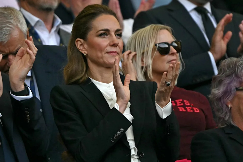 Catherine, Princess of Wales, has her locks firmly under control at the Women’s Rugby World Cup match between England and Australia in Brighton, England, on Sept. 6, 2025. / Glyn Kirk / AFP via Getty Images