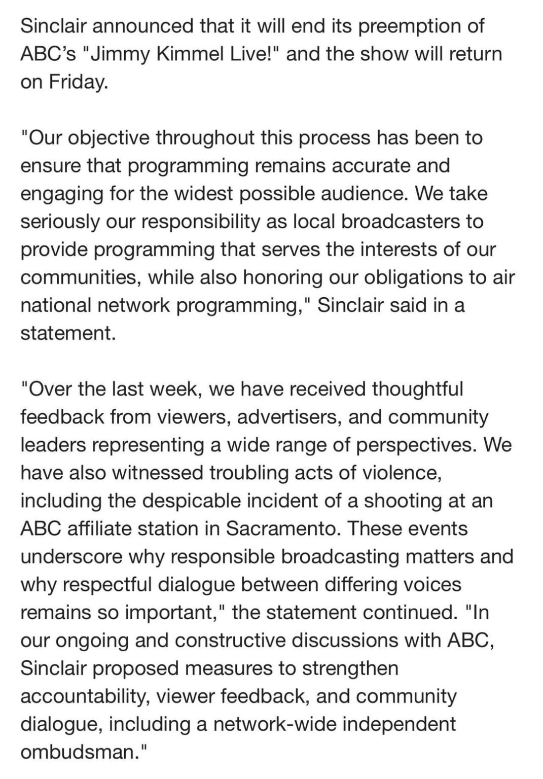 Sinclair-owned ABC stations will bring 'Jimmy Kimmel Live' back to air Friday saying they have “received thoughtful feedback from viewers, advertisers, and community leaders”
