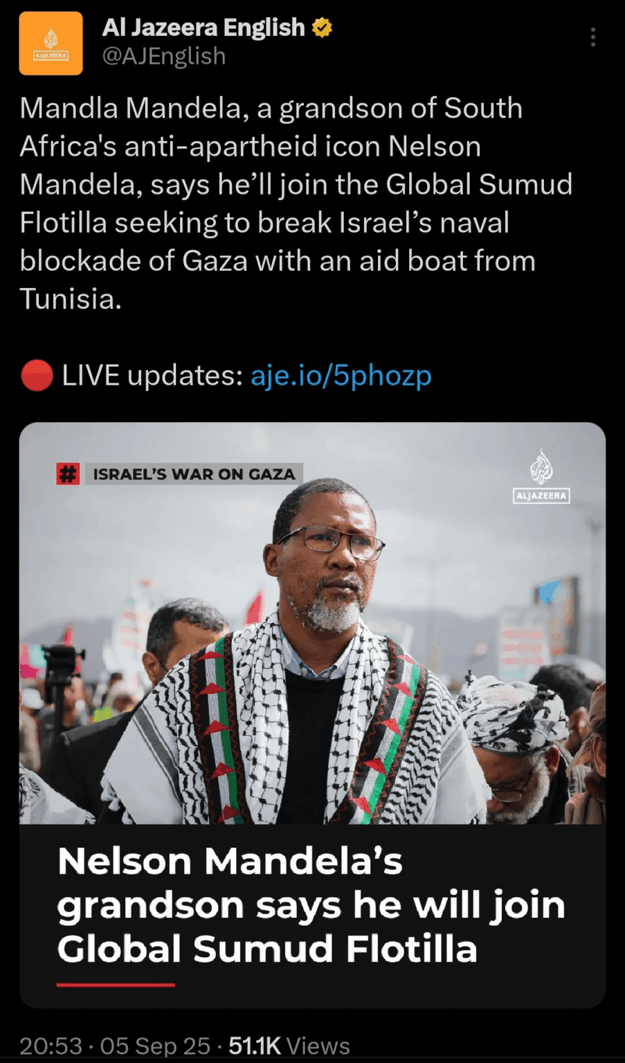 Mandla Mandela, a grandson of South Africa's anti-apartheid icon Nelson Mandela, says he’ll join the Global Sumud Flotilla from Tunisia