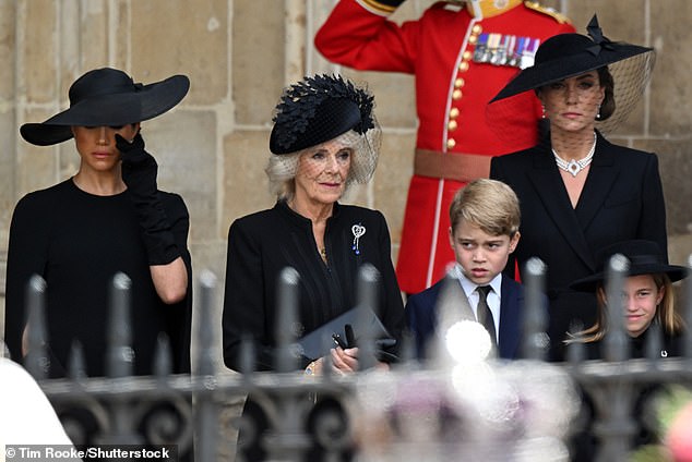 Meghan with Camilla, Queen Consort, Prince George, the Princess of Wales and Princess Charlotte  at the late Queen's funeral