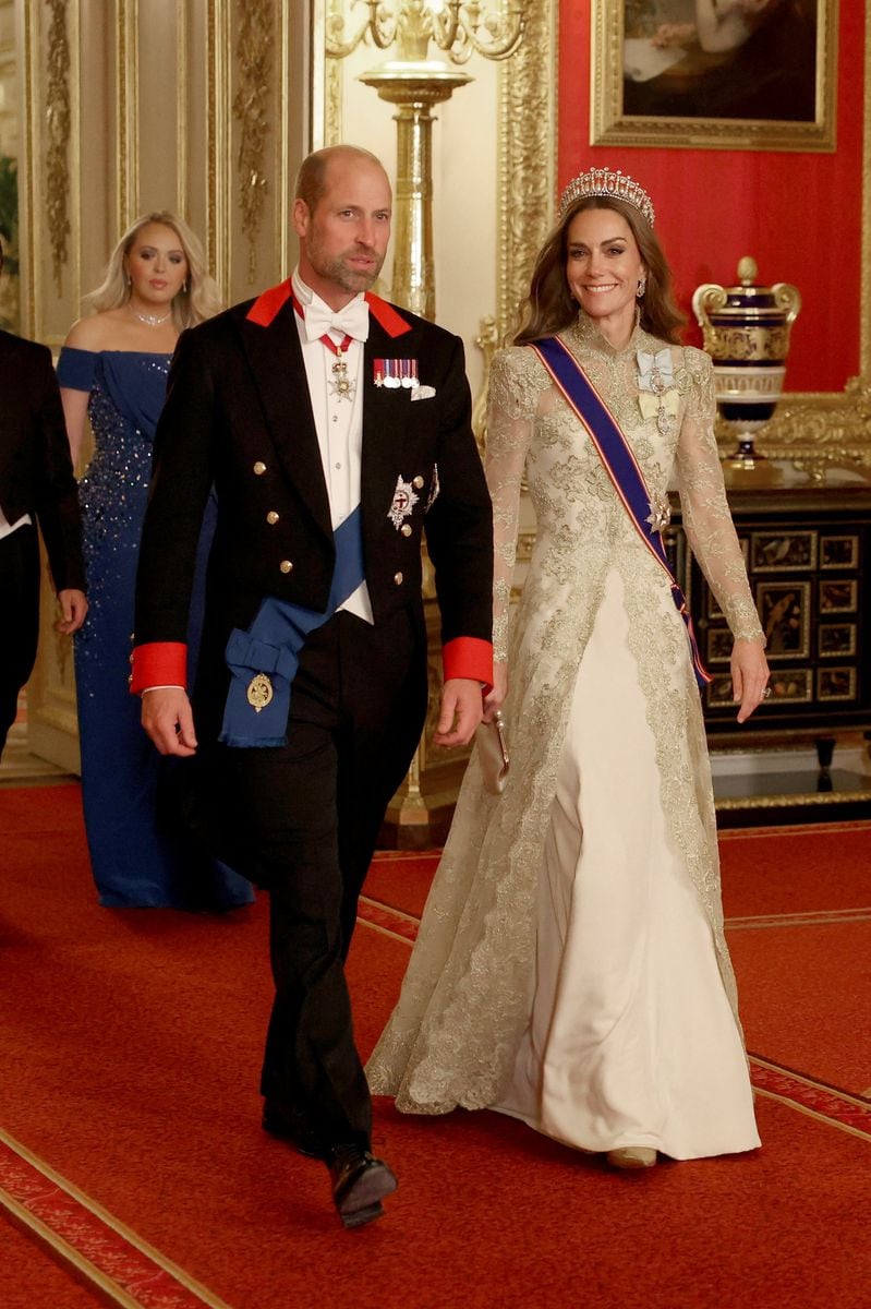 Britain's William, Prince of Wales and Catherine, Princess of Wales walk to attend the State Banquet at Windsor Castle during the State visit by the President of the United States of America
