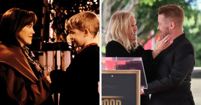 Two side-by-side images: On the left, a boy and woman in a heartfelt moment; on the right, an adult man and woman share a warm interaction