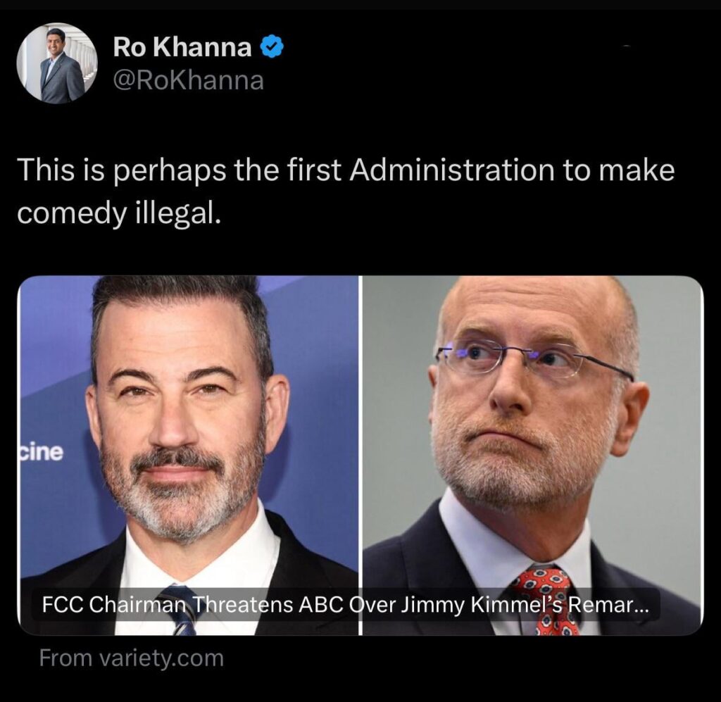 Congressman Ro Khanna weighs in on Kimmel’s cancellation under threats by the Trump administration