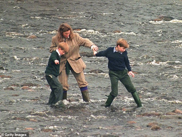 Tiggy pictured walking with William and Harry in the River Gairn near the Balmoral Estate in October 1994