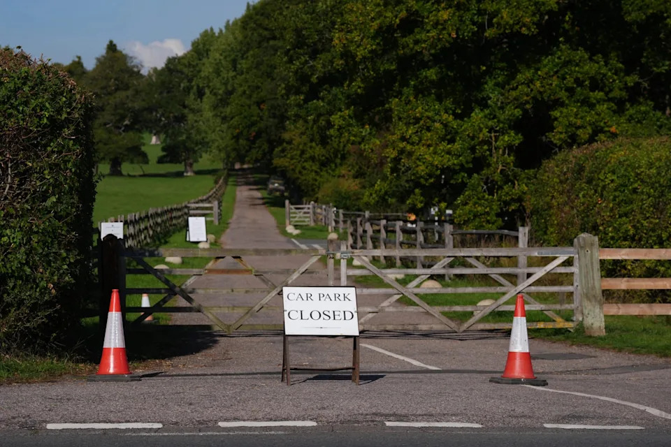 A 'Car Park Closed' sign at the entrance to the Cranborne Gate car park, opposite Cranborne Gate at Windsor Great Park, Berkshire, where preparations are underway for the Prince and Princess of Wales to move to the eight-bedroom Forest Lodge property with their children George, Charlotte and Louis. Picture date: Monday September 29, 2025. (Photo by Jonathan Brady/PA Images via Getty Images)