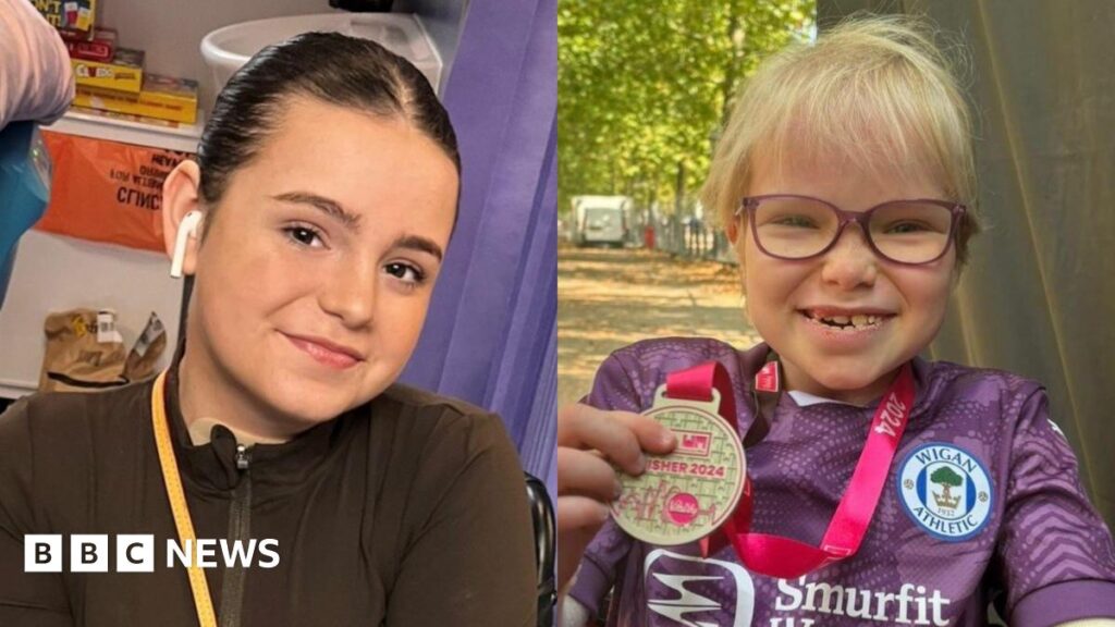 Two photos side-by-side. On the left is a teenage girl with tied-up black hair. She is smiling at the camera, wearing a brown zip-up jacket and has an Air Pod in. On the right is a young blonde girl with purple glasses smiling and holding a medal. She is wearing a purple Wigan Athletic shirt.