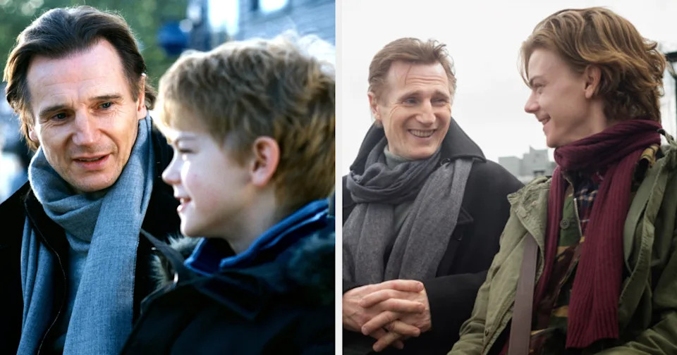 Two side-by-side images of an older man and a young boy talking, then reuniting years later, both wearing scarves