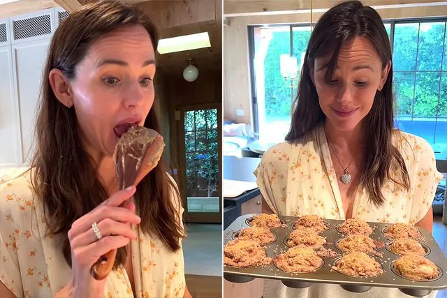Jennifer Garner/Instagram Jennifer Garner licks her scraper spatula; Jennifer Garner looks at her apple muffins.