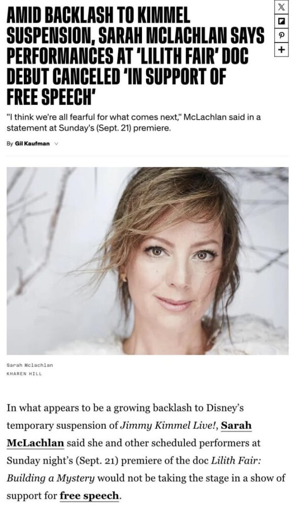 Sarah McLachlan and Jewel Cancel Performances at ‘Lilith Fair’ Documentary Premiere in Support of Free Speech