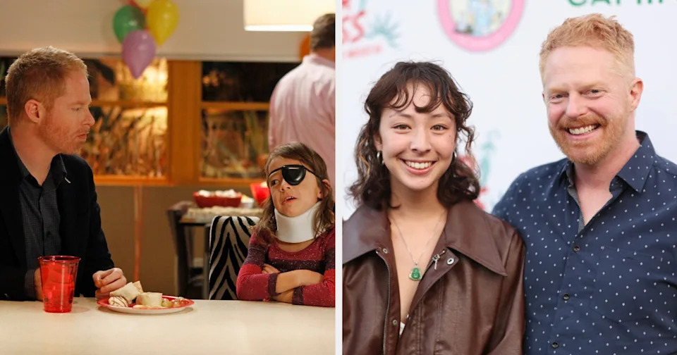 Two images: Left shows a man conversing with a young girl in a neck brace. Right shows the same man smiling with a woman in a casual setting