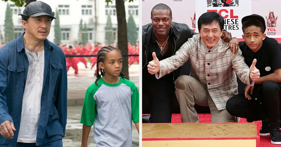 Two images: Left shows a casual scene with three people walking outdoors. Right shows three people posing at a public event; one is giving a thumbs-up