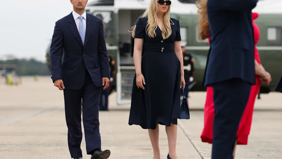 Tiffany Trump (C), daughter of U.S. President Donald Trump and her husband, Michael Boulos (L), board Air Force One on Sept. 16, 2025, in Joint Base Andrews, Maryland. President Trump and the first lady are traveling to the United Kingdom, where they are expected to meet with King Charles III and Queen Camilla at Windsor Castle and British Prime Minister Keir Starmer. (Photo by Anna Moneymaker/Getty Images)