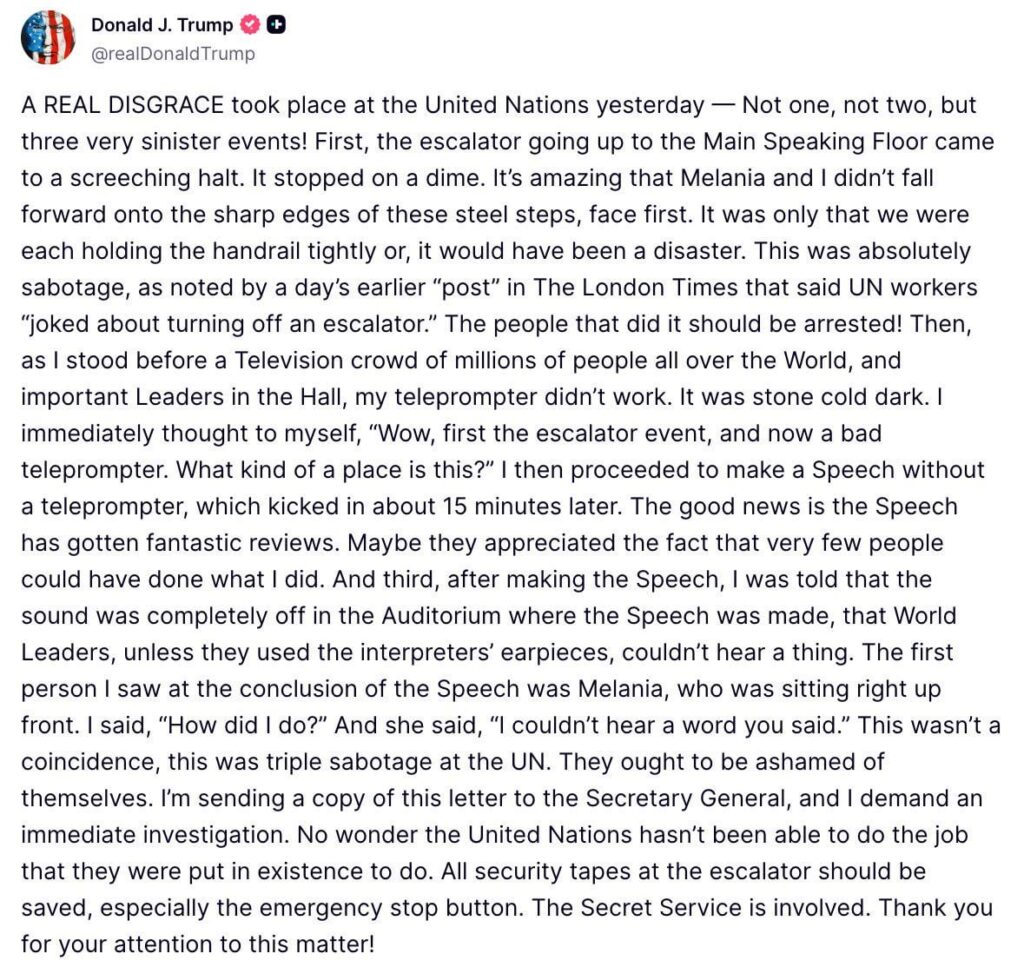 Trump is still whining about the escalator, calling for UN staff to be arrested