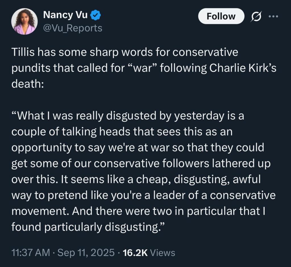 Sen. Thom Tillis (R-SC) responds to conservative reaction to Kirk shooting