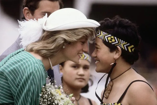 David Levenson/Getty Diana, Princess of Wales is given the traditional Maori greeting of a nose rub on her arrival on April 18, 1983 in Auckland, New Zealand, at the start of the Royal Tour of New Zealand.