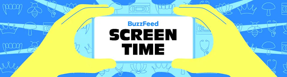 Hands hold a smartphone with "BuzzFeed Screen Time" on the screen. Background features outlines of awards and movie-themed items