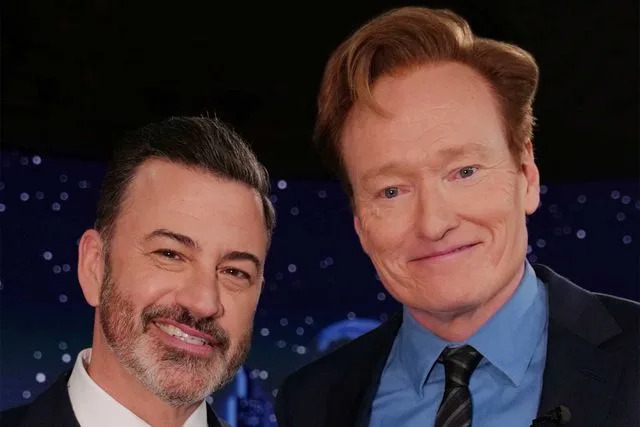 Disney/Randy Holmes via Getty Jimmy Kimmel and Conan O'Brien on 'Jimmy Kimmel Live' this year