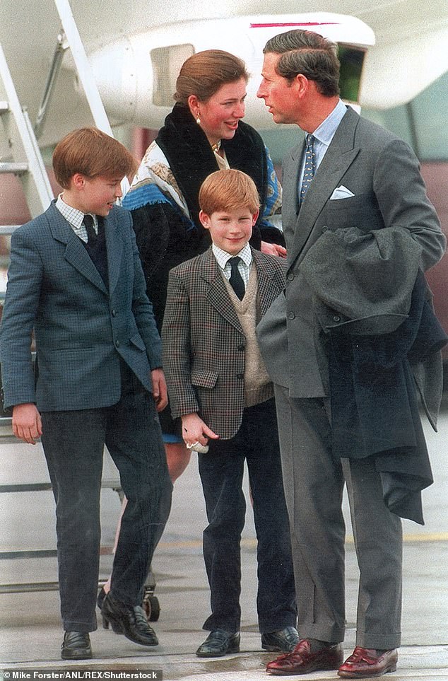Legge-Bourke is pictured with Charles and the young royals at Zurich Airport in 1999