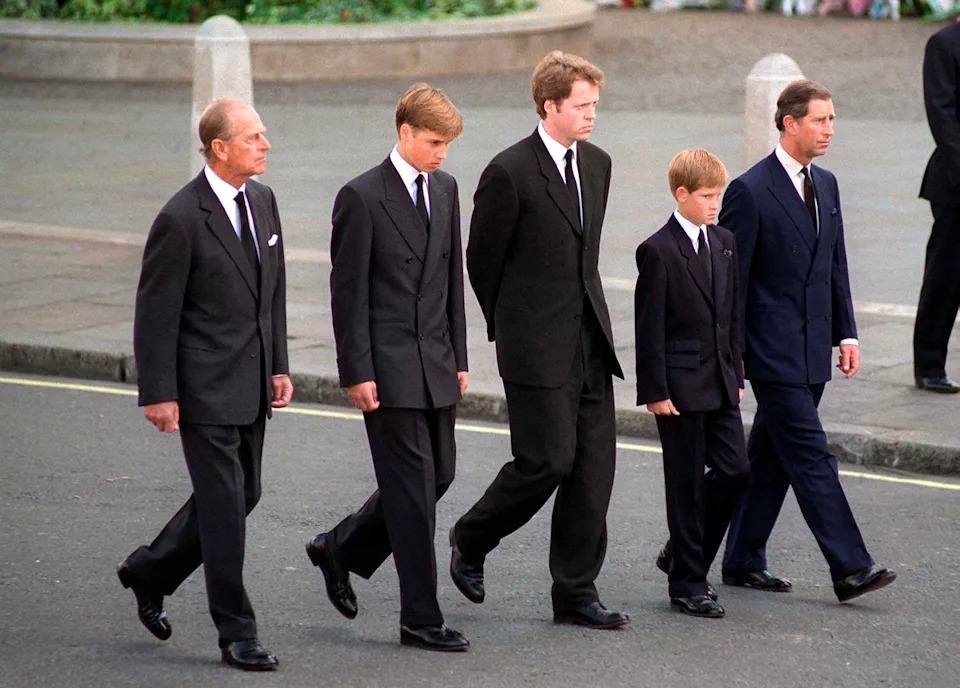 Prince Philip, Prince William, Charles Spencer, Prince Harry and Prince Charles walking in Princess Diana's funeral procession