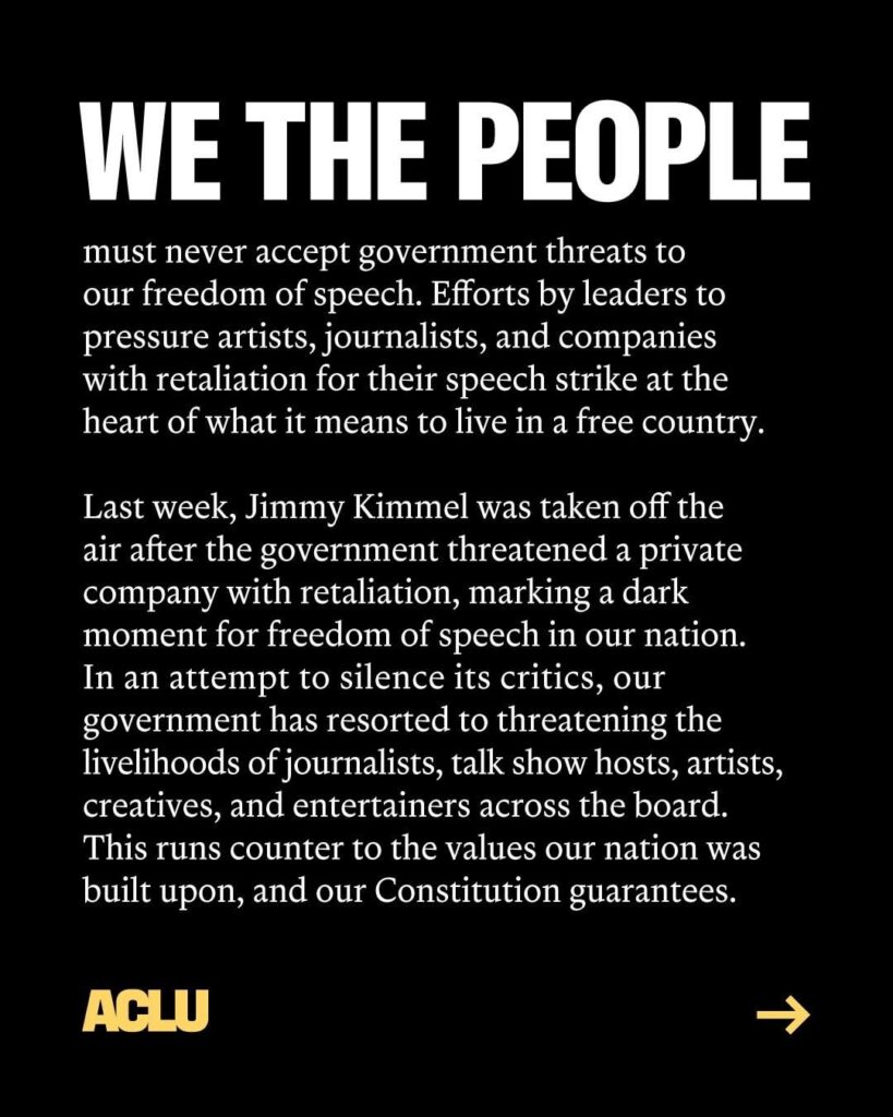 Olivia Rodrigo, Pedro Pascal, Florence Pugh, Mark Ruffalo & 400+ more celebs have signed an ACLU Open Letter defending our freedom of speech & condemning Jimmy Kimmel’s suspension: “We the people must never accept government threats to our freedom of speech.”