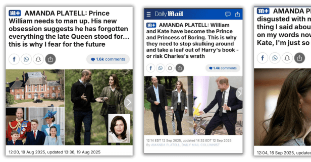 Collage of Daily Mail headlines by Amanda Platell showing criticism of Prince William and Kate Middleton, followed by a later apology to Kate.