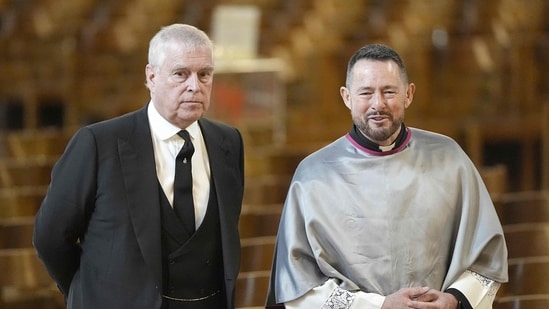 Britain's Prince Andrew, Duke of York (L) attends a Requiem Mass, a Catholic funeral service, for the late Katharine, Duchess of Kent, at Westminster Cathedral in London on September 16, 2025. (AFP)