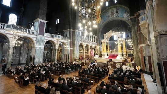 Mourners attend a Requiem Mass, a Catholic funeral service, for the late Katharine, Duchess of Kent, at Westminster Cathedral in London on September 16, 2025. Britain's Duchess of Kent, known for her links to the Wimbledon tennis tournament and for anonymously teaching music at a primary school. The duchess, a talented pianist, organist and singer, was born Katharine Worsley into an aristocratic family in Yorkshire, northern England. (Photo by Aaron Chown / POOL / AFP)(AFP)
