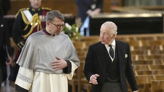 Britain's King Charles arrives for the Requiem Mass service for the Duchess of Kent, at Westminster Cathedral, central London, September 16, 2025.(via REUTERS)
