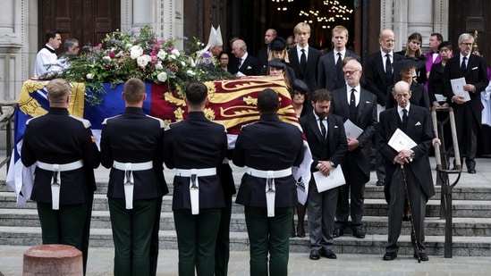 Britain's Prince Edward, Duke of Kent, looks on as pallbearers carry the coffin of his wife, Britain's Katharine, Duchess of Kent, on the day of her funeral at Westminster Cathedral in London, Britain, September 16, 2025. REUTERS/Toby Melville(REUTERS)