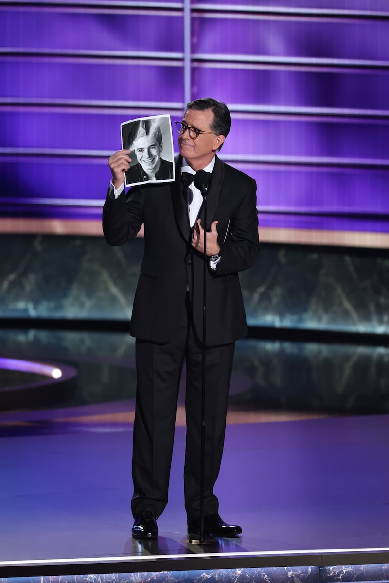 LOS ANGELES, CALIFORNIA - SEPTEMBER 14: Stephen Colbert speaks onstage during the 77th Primetime Emmy Awards at Peacock Theater on September 14, 2025 in Los Angeles, California.  (Photo by Monica Schipper/WireImage)