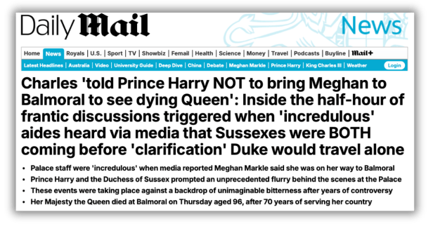 Screenshot of a 2022 Daily Mail article claiming King Charles told Prince Harry not to bring Meghan Markle to Balmoral to see the dying Queen, sparking media and palace discussions.