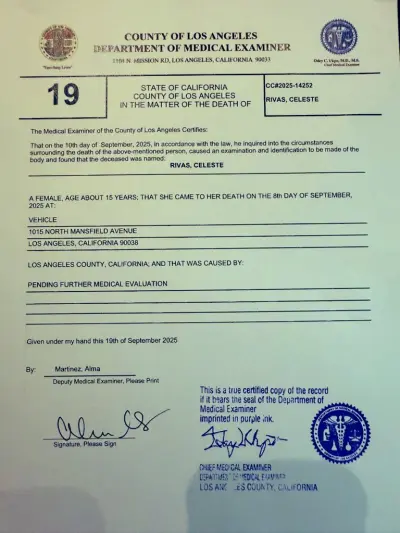 County of Los Angeles Department of Medical Examiner document relatinc to Celeste Rivas Hernandez who has been associated with singer D4vd.
