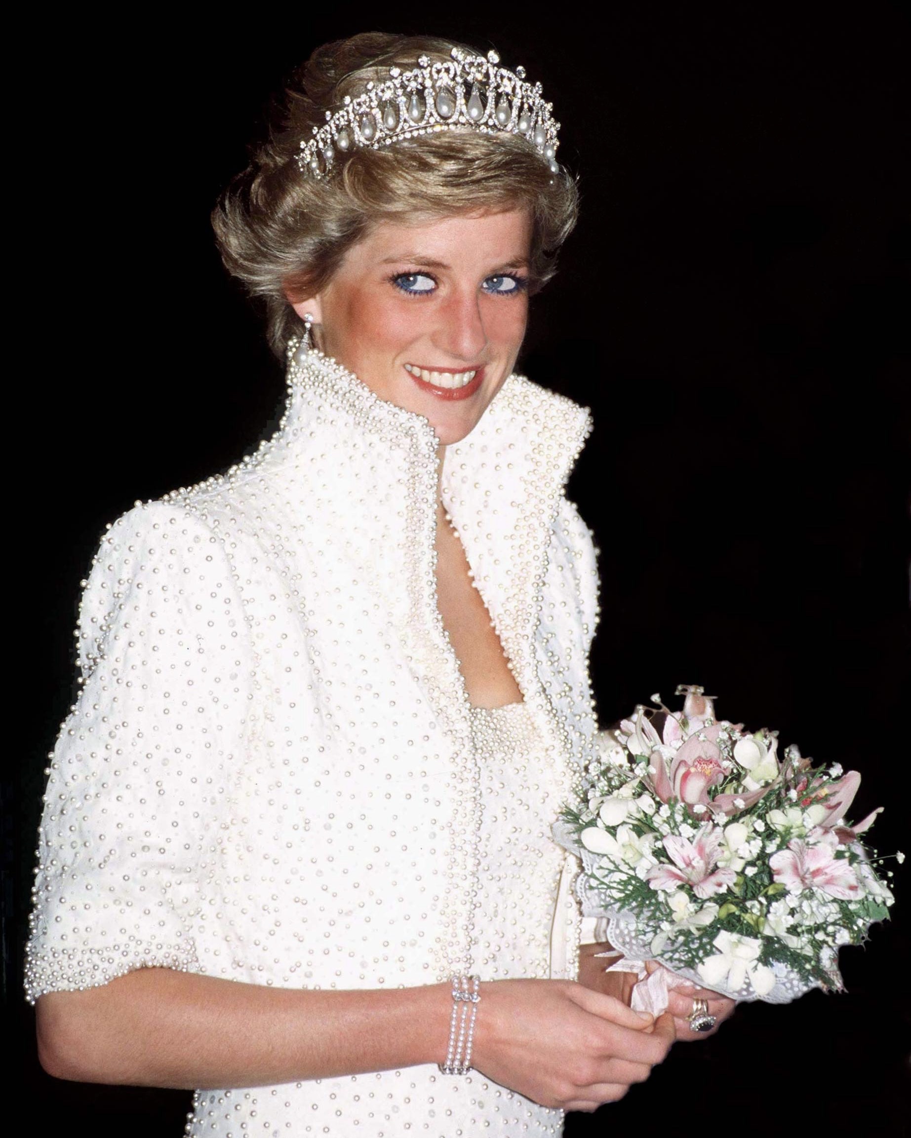 Princess Of Wales In Hong Kong Wearing The Elvis Look Designed By Catherine Walker and the Cambridge Lover’s Knot Tiara
