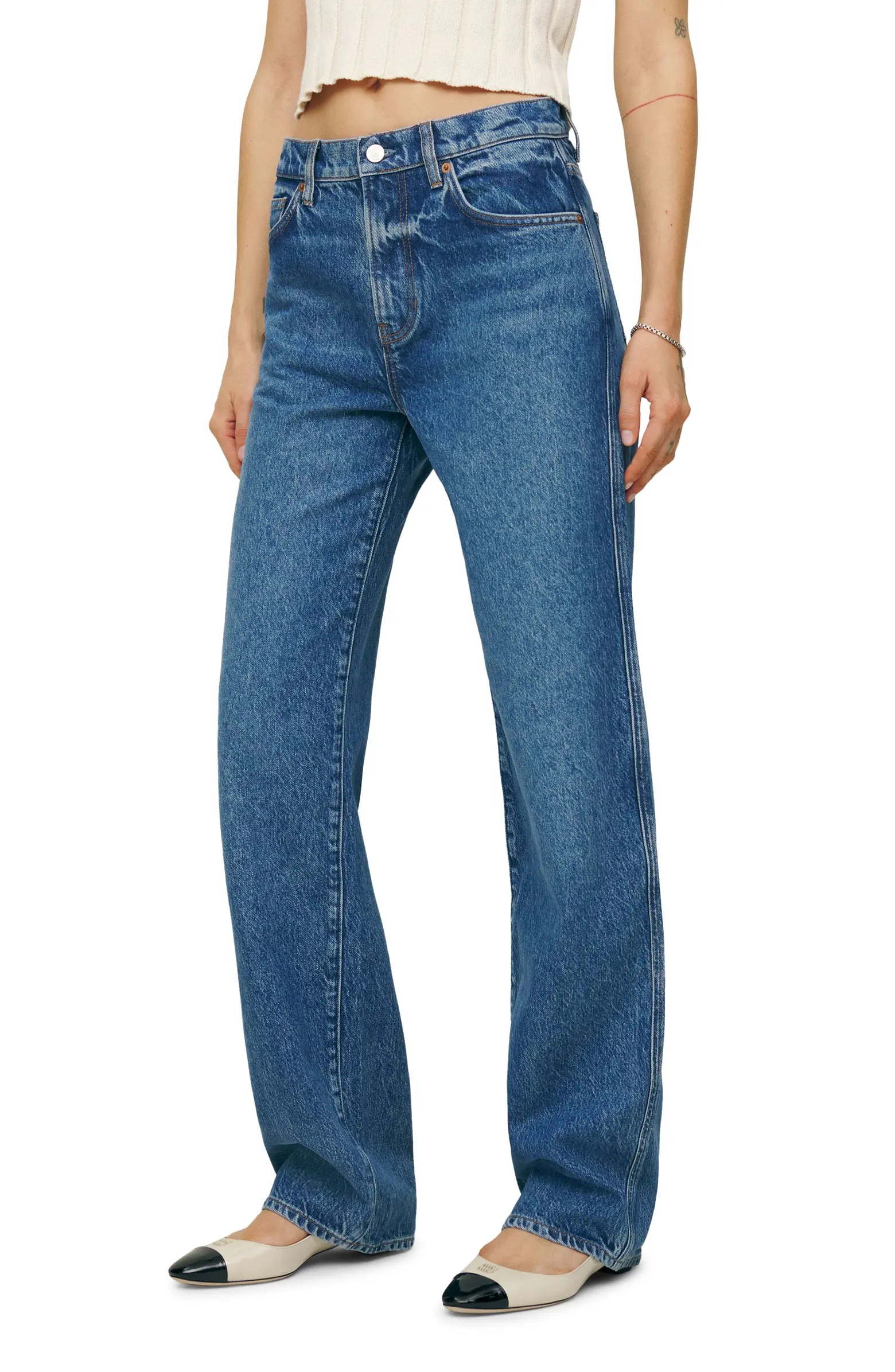 Reformation, Val Baggy Distressed Straight Leg Jeans