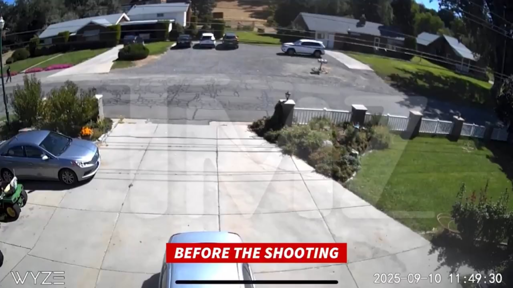 TMZ has acquired security camera footage of the man suspected of shooting Charlie Kirk. He can be seen walking through a residential area towards the Utah Valley University campus, and then coming back to the area afterwards.
