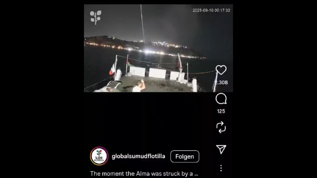 A clear video of tonight’s drone attack on one of the Gaza flotilla boats in Tunisia.