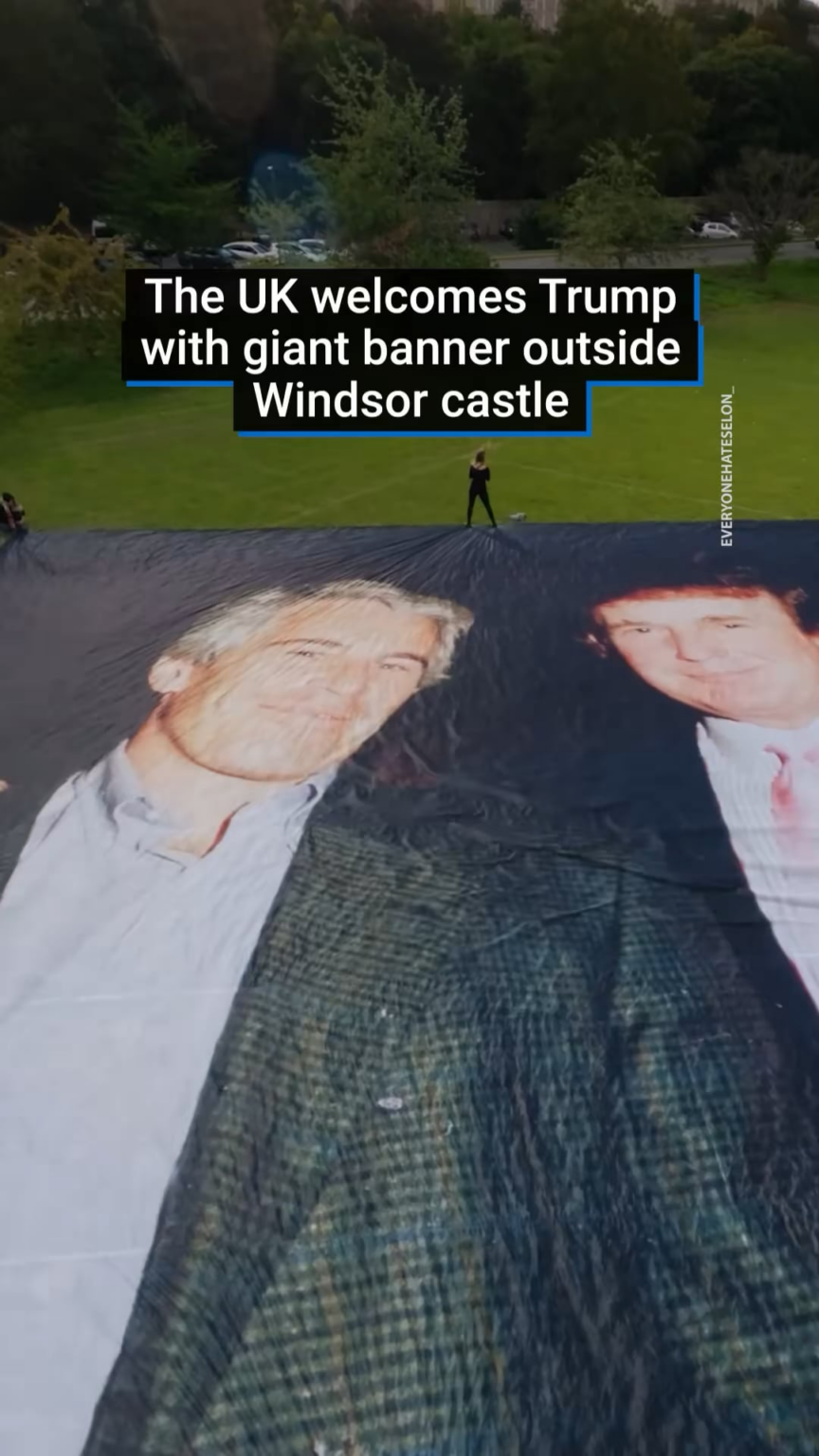 The UK welcomes Donald Trump’s state visit by rolling out the world's biggest photo of the President with convicted pedophile Jeffrey Epstein outside Windsor castle