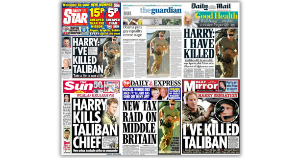 Collage of 2013 British newspaper front pages praising Prince Harry for killing Taliban fighters.