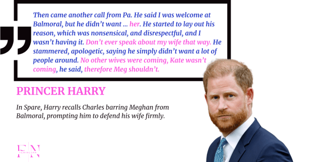 Graphic with Prince Harry’s quote from Spare describing how King Charles told him Meghan should not come to Balmoral after the Queen’s death, and Harry’s firm defense of his wife.