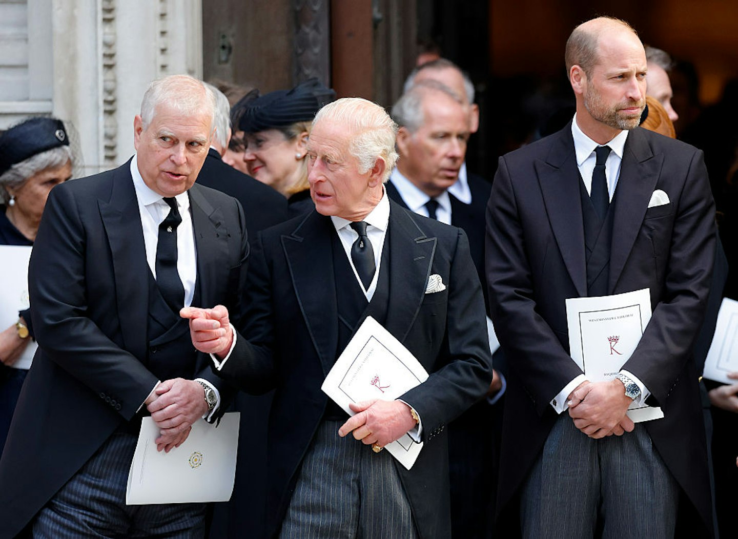 Prince Andrew, Duke of York, King Charles III and Prince William, Prince of Wales attend Katharine, Duchess of Kent's Requiem Mass service