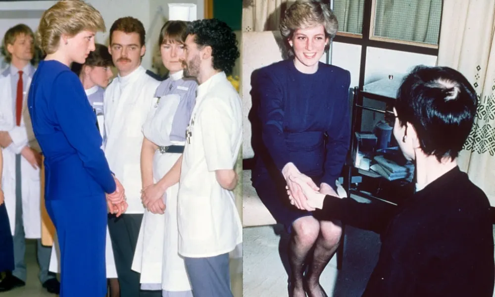 Princess Diana photographed in April 1987 shaking hands with an AIDS patient and meeting doctors at an AIDS wing in a hospital.