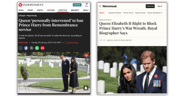 Side-by-side screenshots of 2021 articles from The Independent and Newsweek reporting that Queen Elizabeth personally intervened to block Prince Harry’s request to have a wreath laid at the Cenotaph for Remembrance Sunday, with photos of Harry and Meghan at a cemetery.
