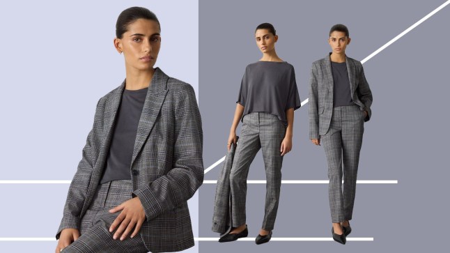 A woman wearing a black and grey checkered suit.