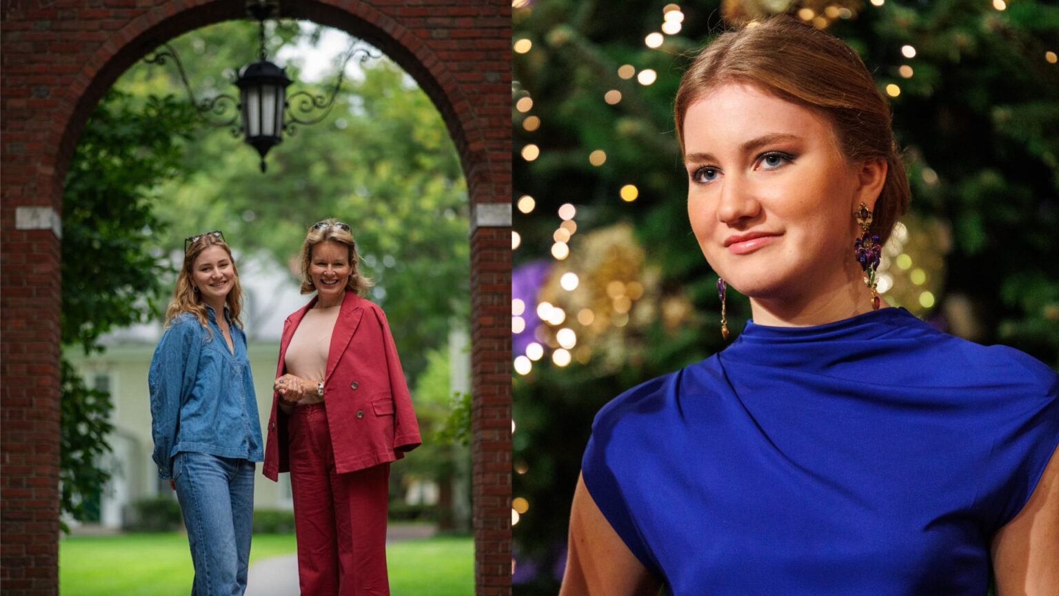 Princess Elisabeth in a denim shirt and jeans posing under an archway with Queen Mathilde; Princess Elisabeth in a royal blue dress in front of a Christmas tree